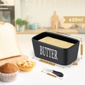 Hossejoy Large Butter Dish with Lid and Knife, Porcelain Butter Keeper Container Designed with Double Silicone Seals, Ceramic Butter Box, Perfect for Home Kitchen Countertop, 650ml (Black)