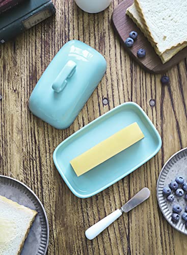 Better Butter Porcelain Butter Dish, Butter Dish with Lid, Butter Keeper - Hold 4oz East/West Coast Butter Stick and 8oz Kerrygold Butter - Easy to Grip, Turquoise