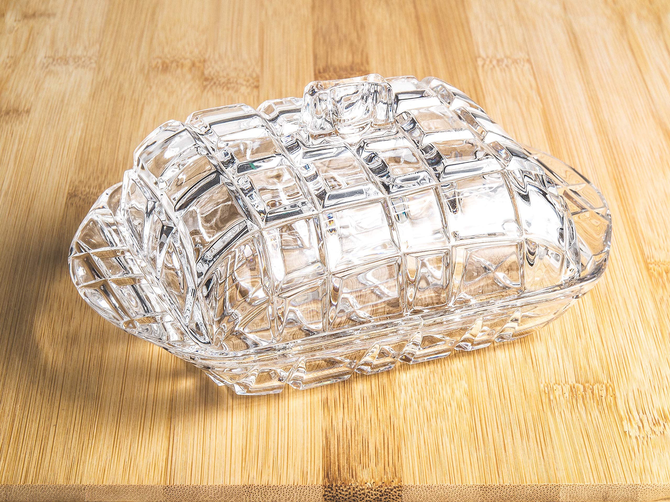 Butter Dish - Cheese Dish - Covered - Cut Crystal Glass - Rectangular - 6.8" Length - Made in Europe - by Barski