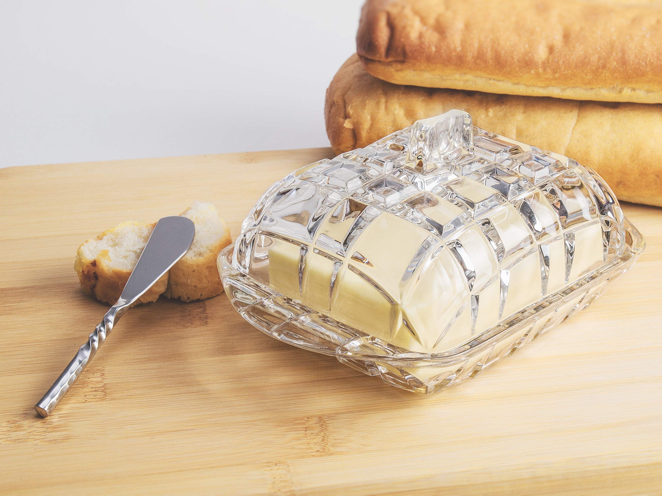 Butter Dish - Cheese Dish - Covered - Cut Crystal Glass - Rectangular - 6.8" Length - Made in Europe - by Barski