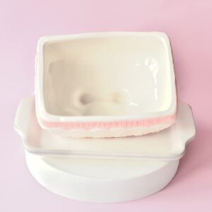 Aebor Ceramic Butter Dish with Bow tie No Slip Lid & Handle, for Counter or Fridge, Covered Butter Tray Holder For Butter Storage, Pink