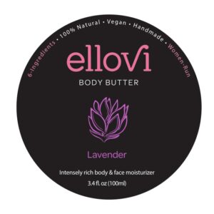 Ellovi All-Natural Body Butter - Lavender - Pure Enough to Eat - Made With Just 6 Vegan Ingredients - Ultra-Rich 100% Plant-Based Hydrating Moisturizer For Naturally Healthy Skin (3.4 fl. oz/100ml)