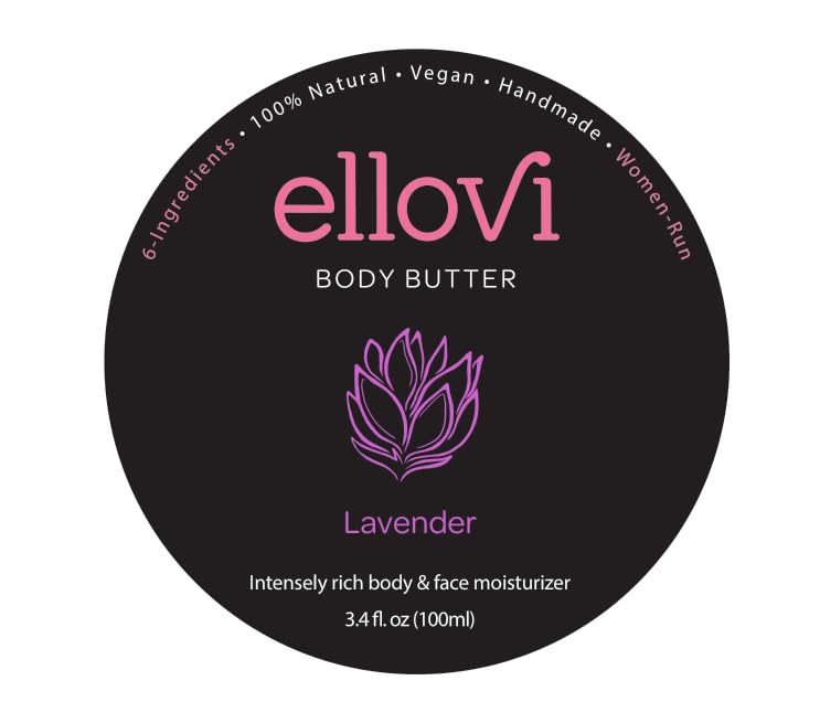 Ellovi All-Natural Body Butter - Lavender - Pure Enough to Eat - Made With Just 6 Vegan Ingredients - Ultra-Rich 100% Plant-Based Hydrating Moisturizer For Naturally Healthy Skin (3.4 fl. oz/100ml)