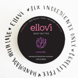 Ellovi All-Natural Body Butter - Lavender - Pure Enough to Eat - Made With Just 6 Vegan Ingredients - Ultra-Rich 100% Plant-Based Hydrating Moisturizer For Naturally Healthy Skin (3.4 fl. oz/100ml)