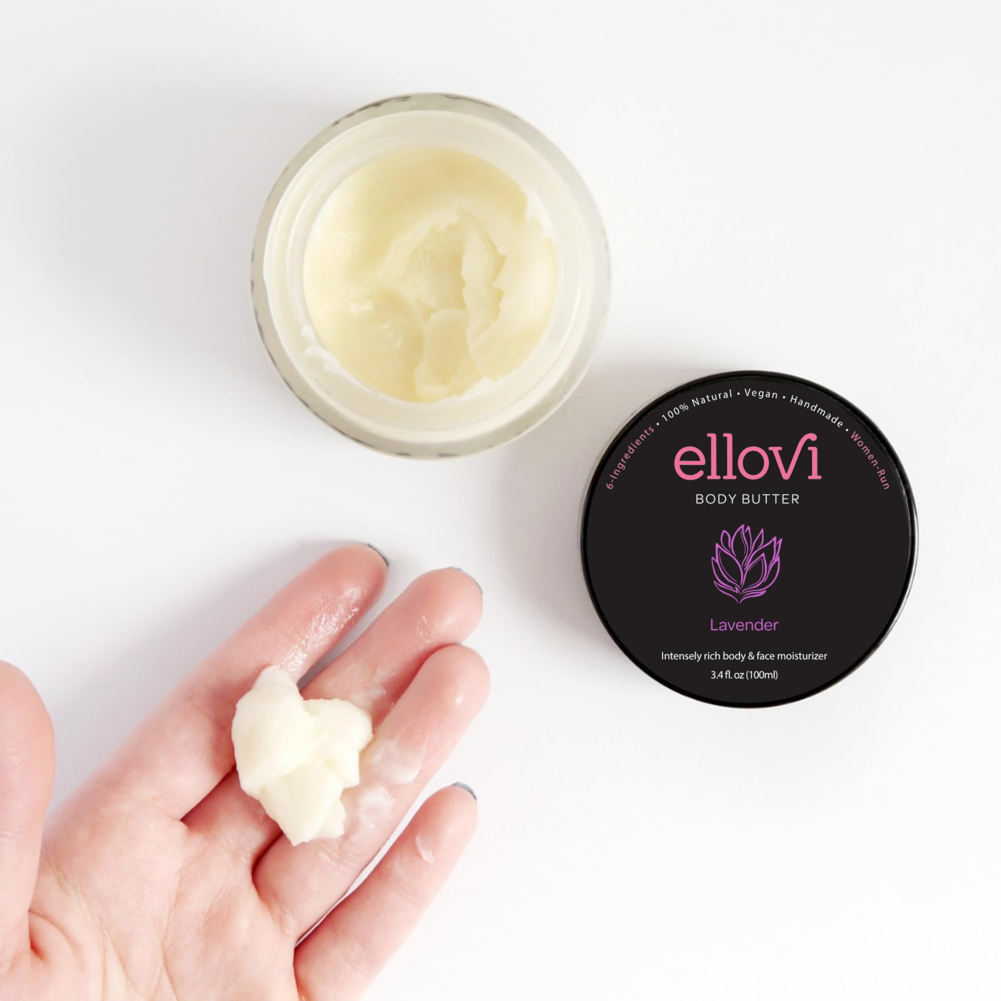 Ellovi All-Natural Body Butter - Lavender - Pure Enough to Eat - Made With Just 6 Vegan Ingredients - Ultra-Rich 100% Plant-Based Hydrating Moisturizer For Naturally Healthy Skin (3.4 fl. oz/100ml)