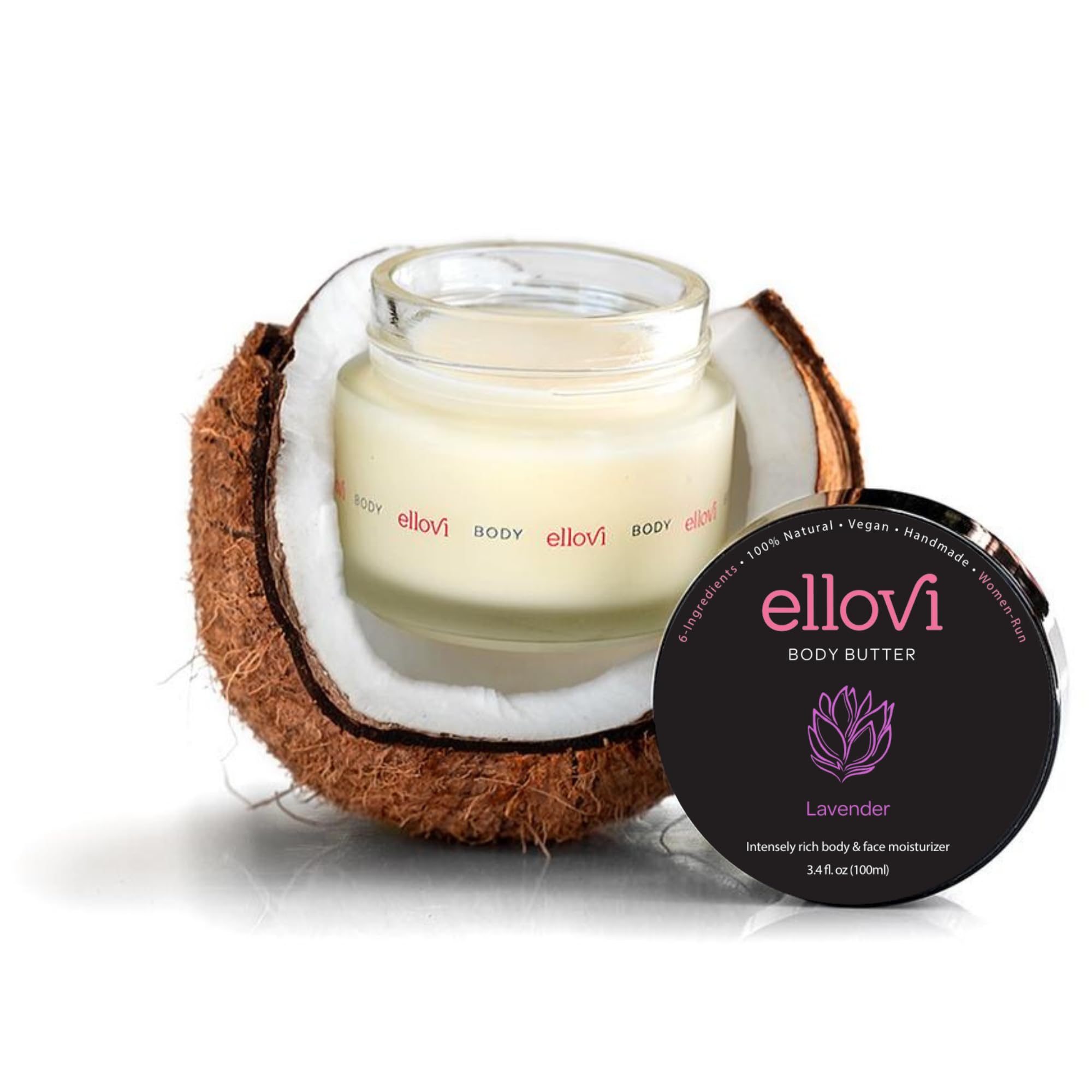 Ellovi All-Natural Body Butter - Lavender - Pure Enough to Eat - Made With Just 6 Vegan Ingredients - Ultra-Rich 100% Plant-Based Hydrating Moisturizer For Naturally Healthy Skin (3.4 fl. oz/100ml)