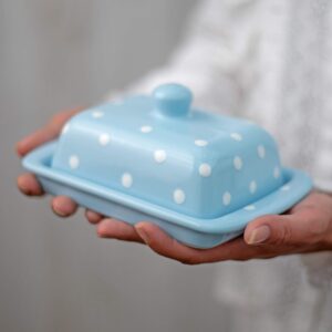 handmade ceramic european covered butter dish with lid | unique light sky blue and white polka dot pottery butter keeper | housewarming gift by city to cottage®