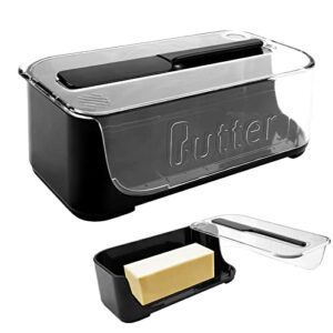 butter dish with lid and knife, butter container for countertop, butter keeper for east west coast butter, butter keeper for fridge（black）