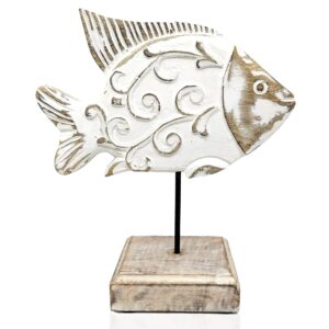 wooden fish sculpture home decor | handmade beau butter fish statue on base stand | nautical beach house decor rustic centerpiece table decor for office, living room (beau butter fish)