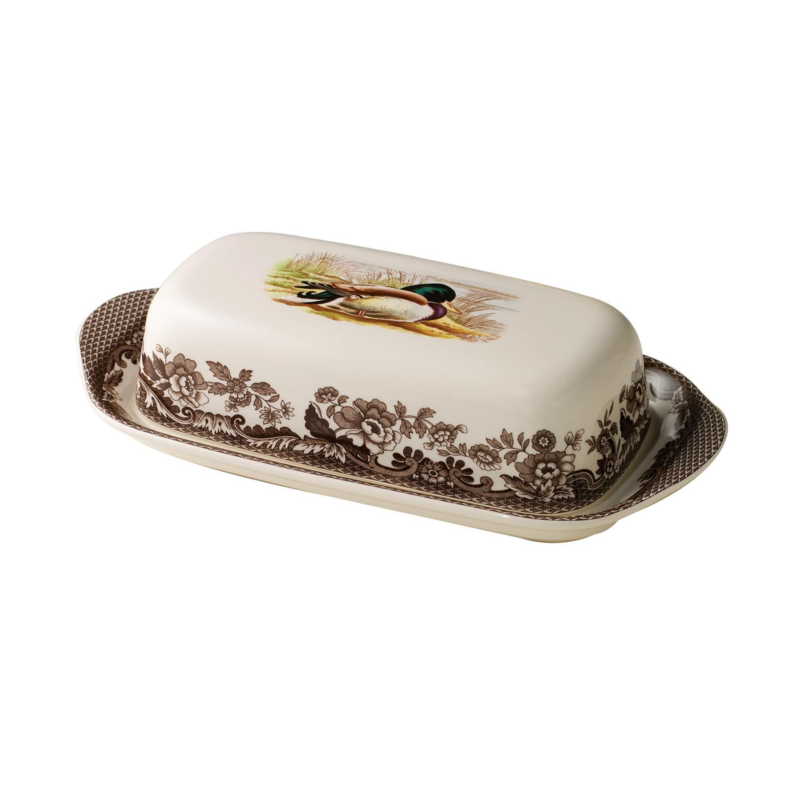 Spode Woodland Covered Butter Dish with Mallard Motif | Butter Dish with Lid for Countertop | 8" Butter Holder Made from Fine Porcelain | Holds 1 Stick of Butter