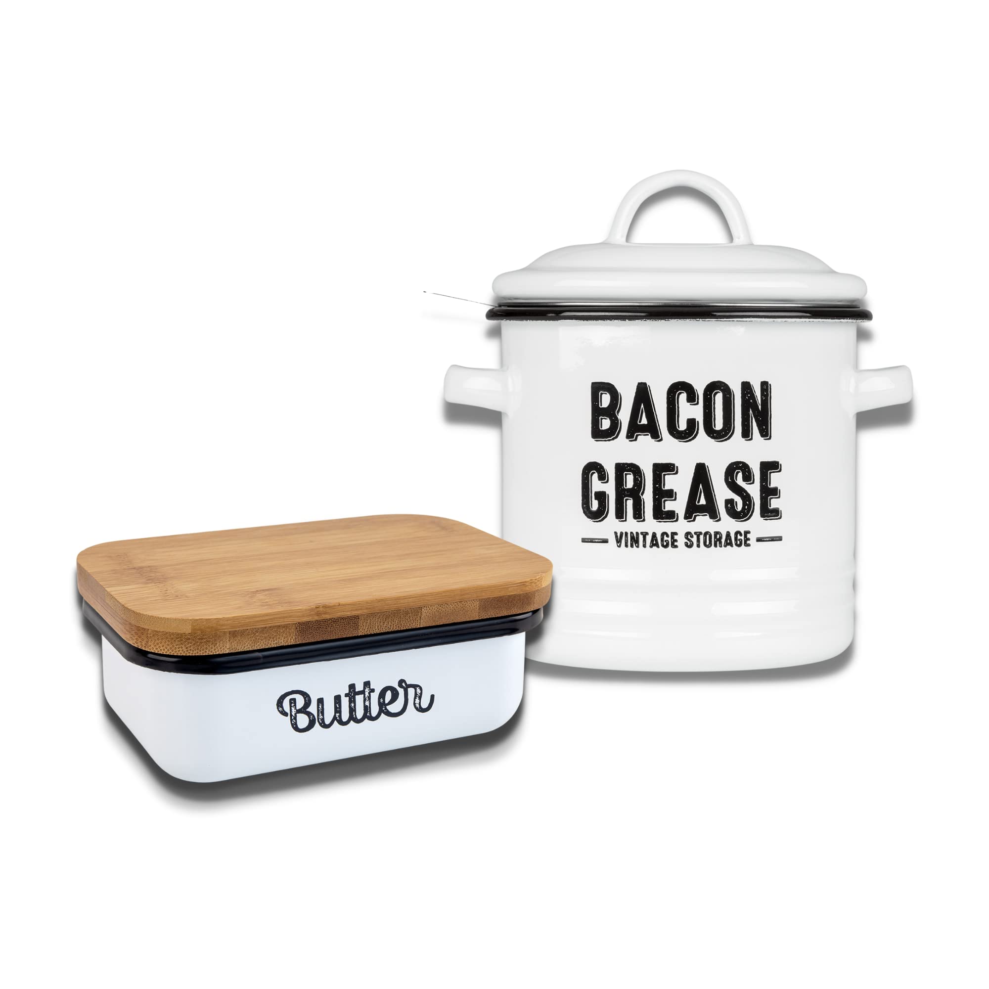 Granrosi Bacon Grease Container with Strainer & Ceramic Butter Dish with Lid for Countertop, Grease Can, Butter Keeper, Premium Breakfast Canister Set for Kitchen in Farmhouse Style in Classic White