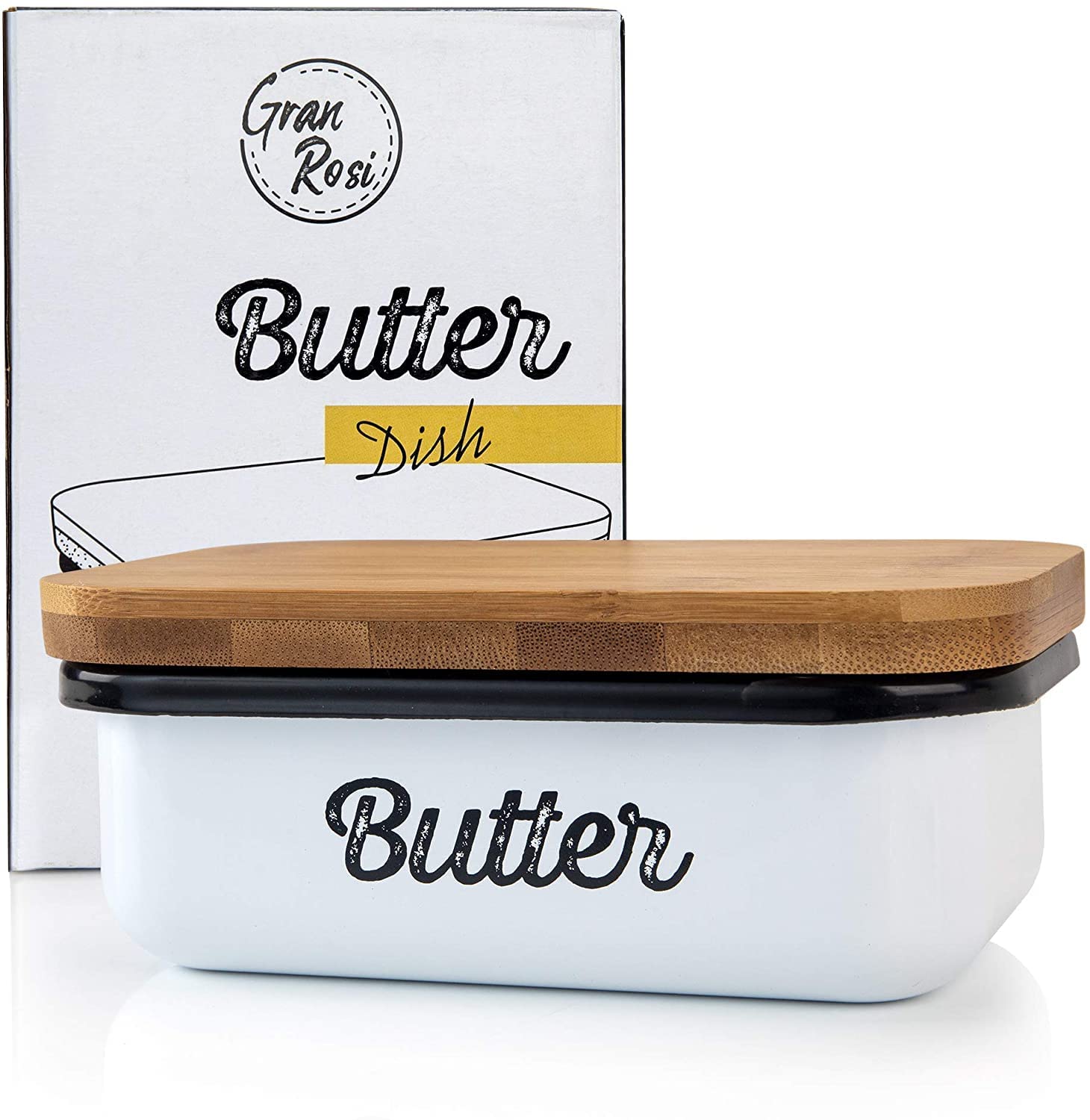 Granrosi Bacon Grease Container with Strainer & Ceramic Butter Dish with Lid for Countertop, Grease Can, Butter Keeper, Premium Breakfast Canister Set for Kitchen in Farmhouse Style in Classic White