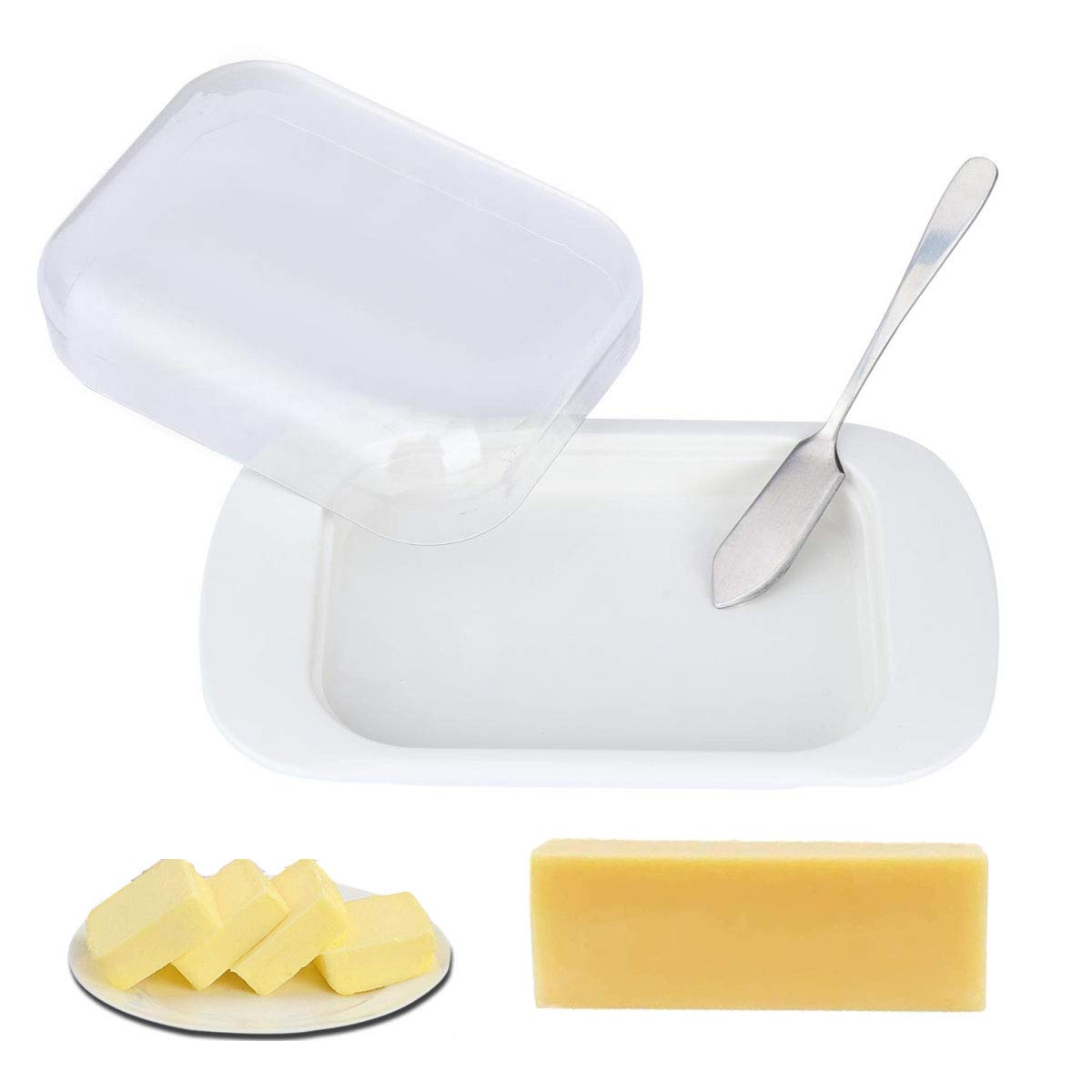 lnndong-White Plastic Butter Plate With Cover, Machine Washable, Including Butter Knife, Durable, Good Sealing, Butter Dish With Lid And Knife, Butter Dish (White Set)