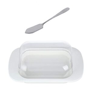 lnndong-White Plastic Butter Plate With Cover, Machine Washable, Including Butter Knife, Durable, Good Sealing, Butter Dish With Lid And Knife, Butter Dish (White Set)