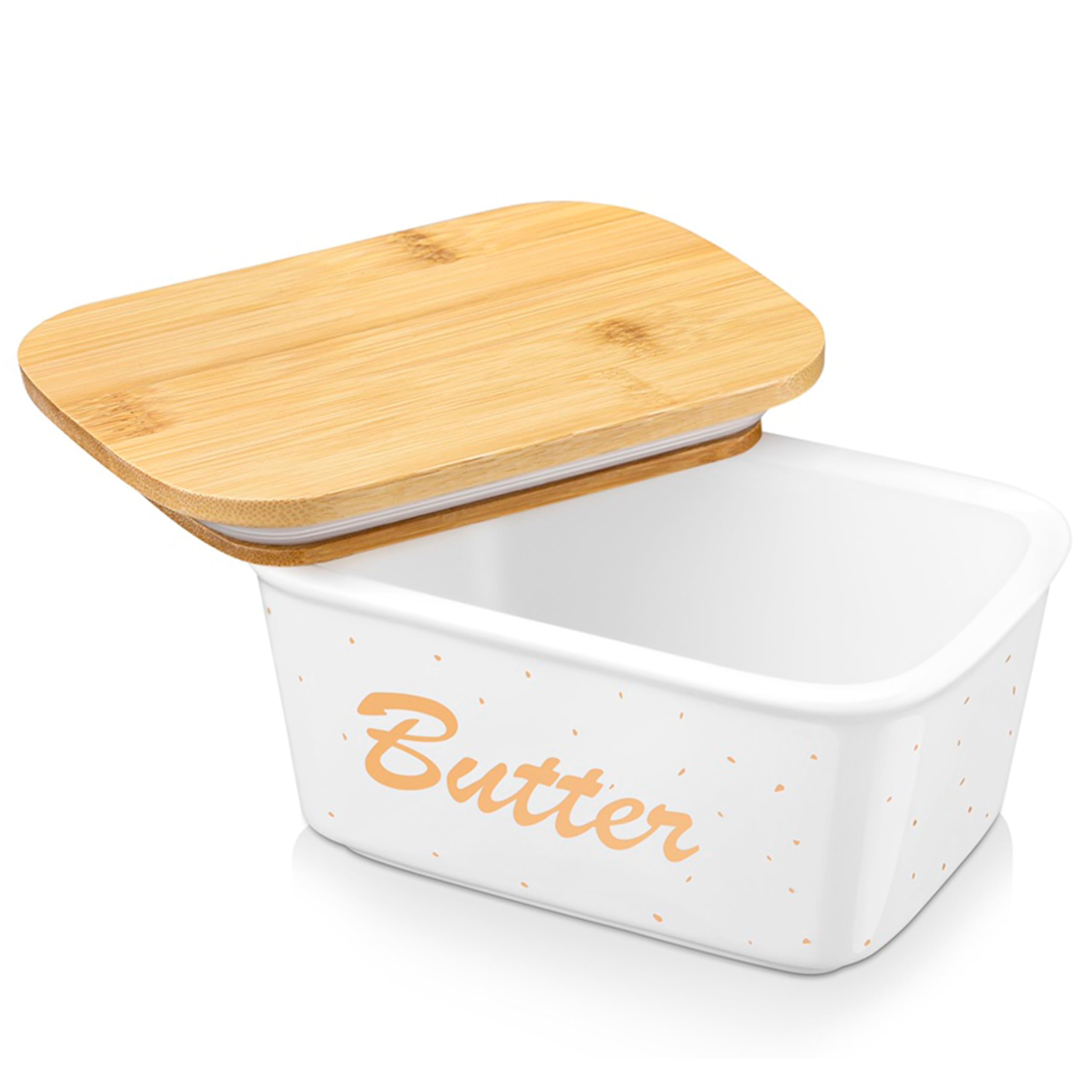 LOVECASA Butter Dish with Lid for Countertop, Porcelain Butter Keeper Holds up to 2 Sticks, Airtight Covered Butter Holder Container Perfect for Farmhouse Kitchen Decor Gift(Gold)