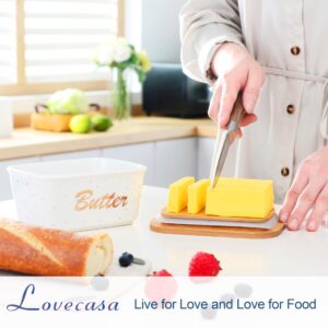 LOVECASA Butter Dish with Lid for Countertop, Porcelain Butter Keeper Holds up to 2 Sticks, Airtight Covered Butter Holder Container Perfect for Farmhouse Kitchen Decor Gift(Gold)