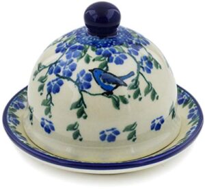 polish pottery 3¾-inch butter dish made by ceramika artystyczna (blue bufferfly theme) + certificate of authenticity