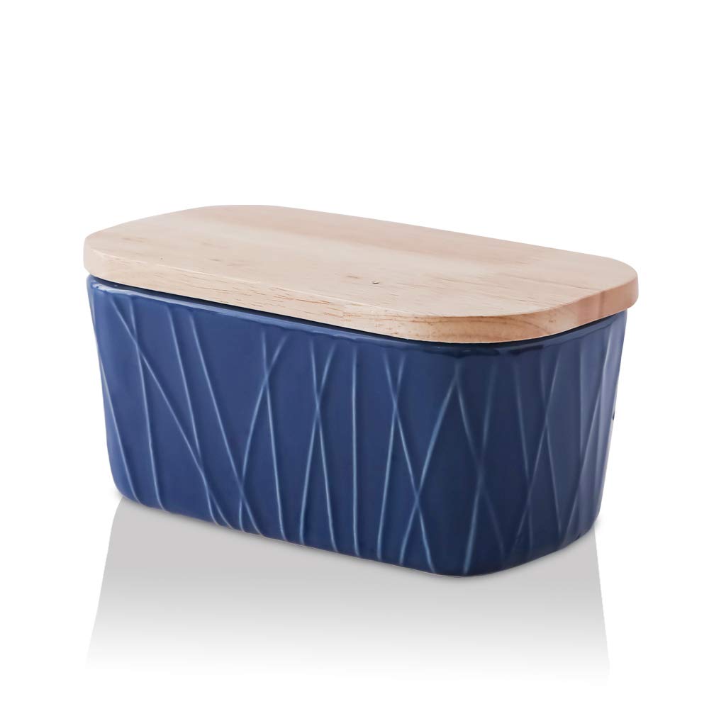 KOOV Porcelain Large Butter Dish with Lid for Countertop, Airtight Butter Container with Oak Lid, Butter Crock, Perfect for 2 Sticks of Butter, Irregular Striped Series (Aegean)