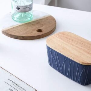 KOOV Porcelain Large Butter Dish with Lid for Countertop, Airtight Butter Container with Oak Lid, Butter Crock, Perfect for 2 Sticks of Butter, Irregular Striped Series (Aegean)