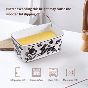 SIDUCAL Butter Dish 6” Butter Keeper with Lid Covered Butter Dish with Wooden Lid Airtight Holds Up to 2 Stick Of Eastern/West Coast Butter Ceramic Porcelain Butter Container Dishwasher Safe(Blck)