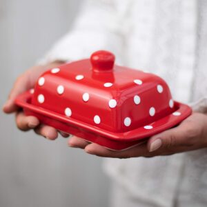 handmade ceramic european covered butter dish with lid | unique red and white polka dot pottery butter keeper | housewarming gift by city to cottage®