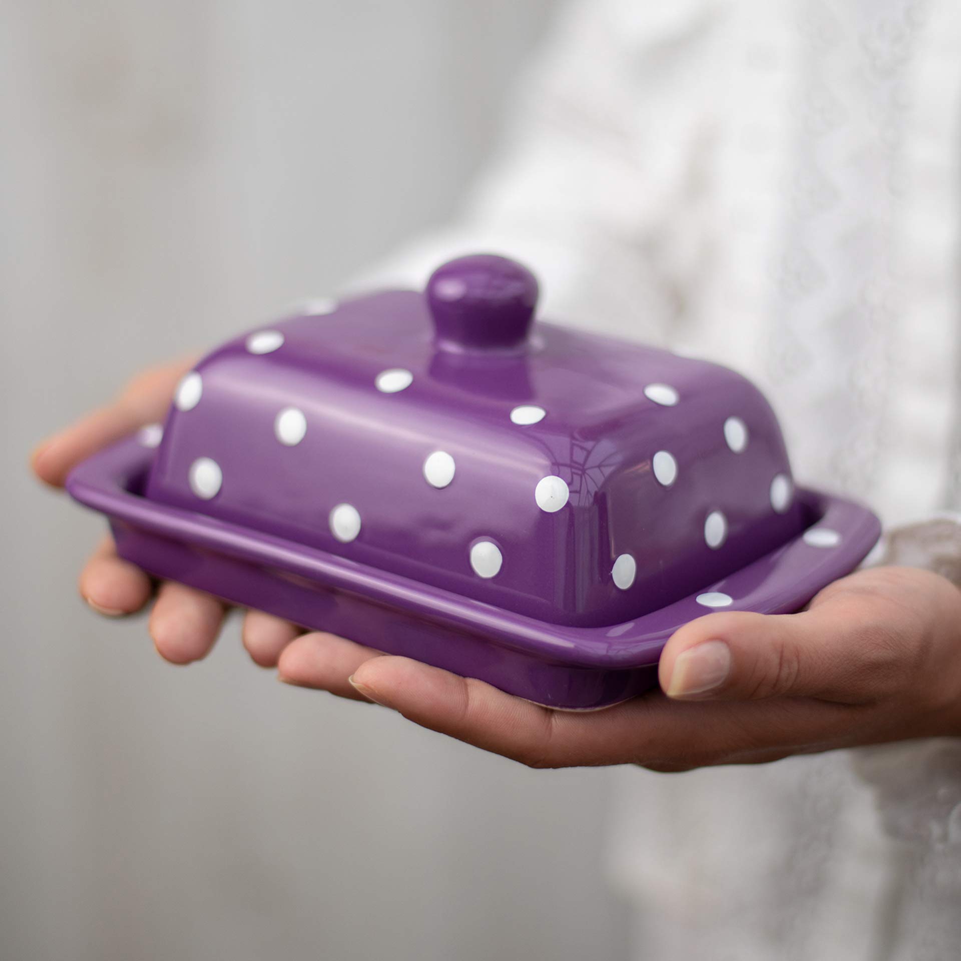 Handmade Ceramic European Covered Butter Dish With Lid | Unique Purple and White Polka Dot Pottery Butter Keeper | Housewarming Gift by City to Cottage®