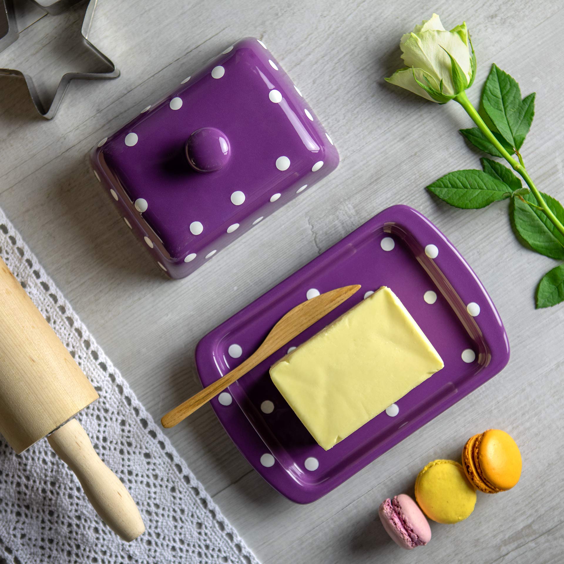 Handmade Ceramic European Covered Butter Dish With Lid | Unique Purple and White Polka Dot Pottery Butter Keeper | Housewarming Gift by City to Cottage®