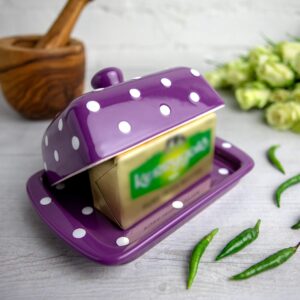 Handmade Ceramic European Covered Butter Dish With Lid | Unique Purple and White Polka Dot Pottery Butter Keeper | Housewarming Gift by City to Cottage®