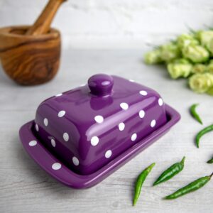 Handmade Ceramic European Covered Butter Dish With Lid | Unique Purple and White Polka Dot Pottery Butter Keeper | Housewarming Gift by City to Cottage®