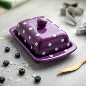 Handmade Ceramic European Covered Butter Dish With Lid | Unique Purple and White Polka Dot Pottery Butter Keeper | Housewarming Gift by City to Cottage®
