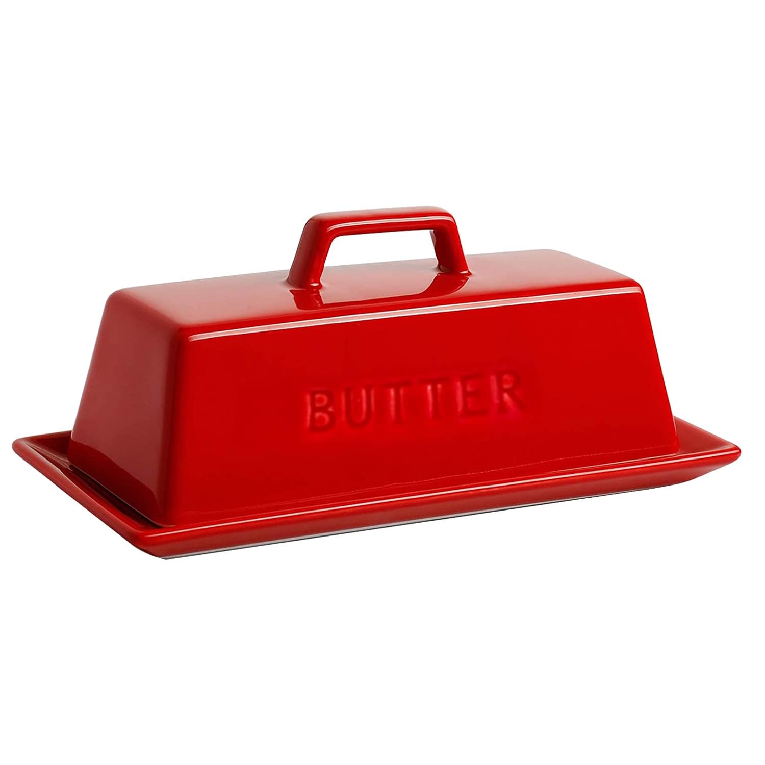 Eeaivnm Butter Dish with Lid, Butter Keeper Porcelain,7" Butter Dishes-Dishwasher Safe, Ceramic Butter Dish with Handle Design for Countertop (Red)