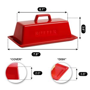 Eeaivnm Butter Dish with Lid, Butter Keeper Porcelain,7" Butter Dishes-Dishwasher Safe, Ceramic Butter Dish with Handle Design for Countertop (Red)