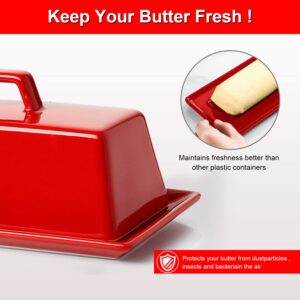 Eeaivnm Butter Dish with Lid, Butter Keeper Porcelain,7" Butter Dishes-Dishwasher Safe, Ceramic Butter Dish with Handle Design for Countertop (Red)