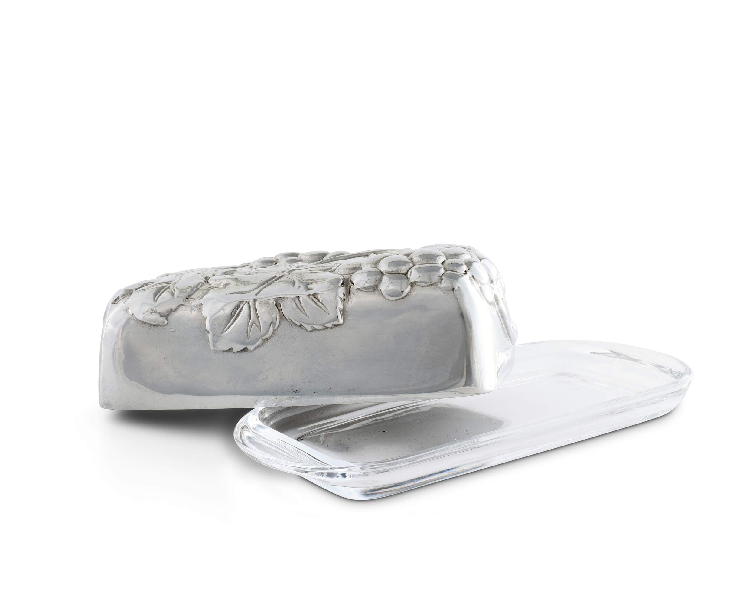 Arthur Court Designs Aluminum Grape Covered Butter Cream Cheese Dish Container Keeper Hand Polished Tarnish Free Artisan Quality with glass dish 7 inch Long