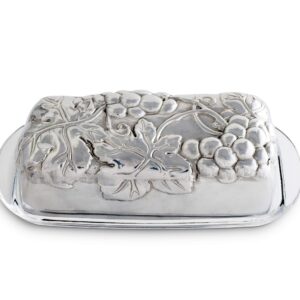 Arthur Court Designs Aluminum Grape Covered Butter Cream Cheese Dish Container Keeper Hand Polished Tarnish Free Artisan Quality with glass dish 7 inch Long