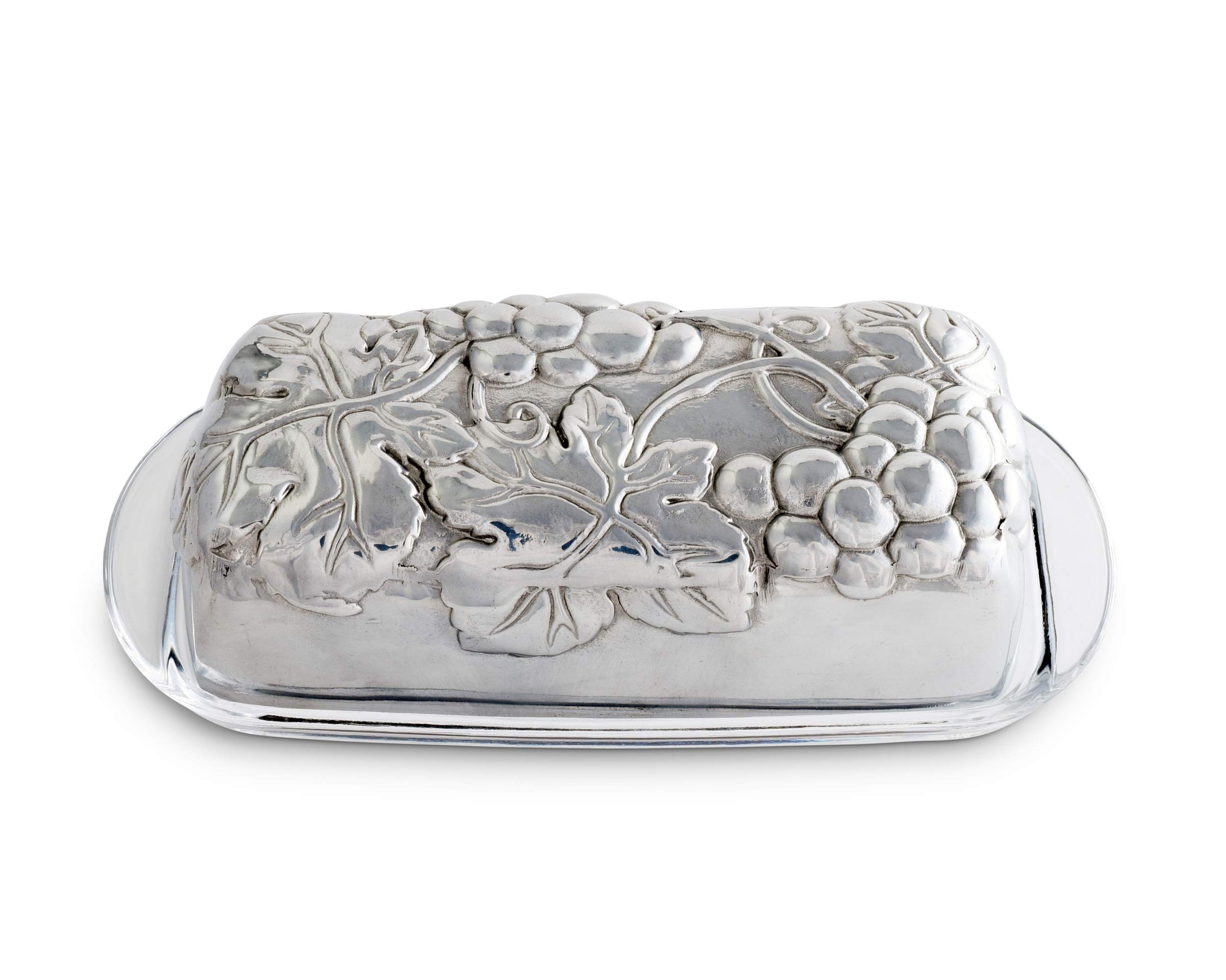 Arthur Court Designs Aluminum Grape Covered Butter Cream Cheese Dish Container Keeper Hand Polished Tarnish Free Artisan Quality with glass dish 7 inch Long