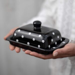 handmade ceramic european covered butter dish with lid | unique black and white polka dot pottery butter keeper | housewarming gift by city to cottage
