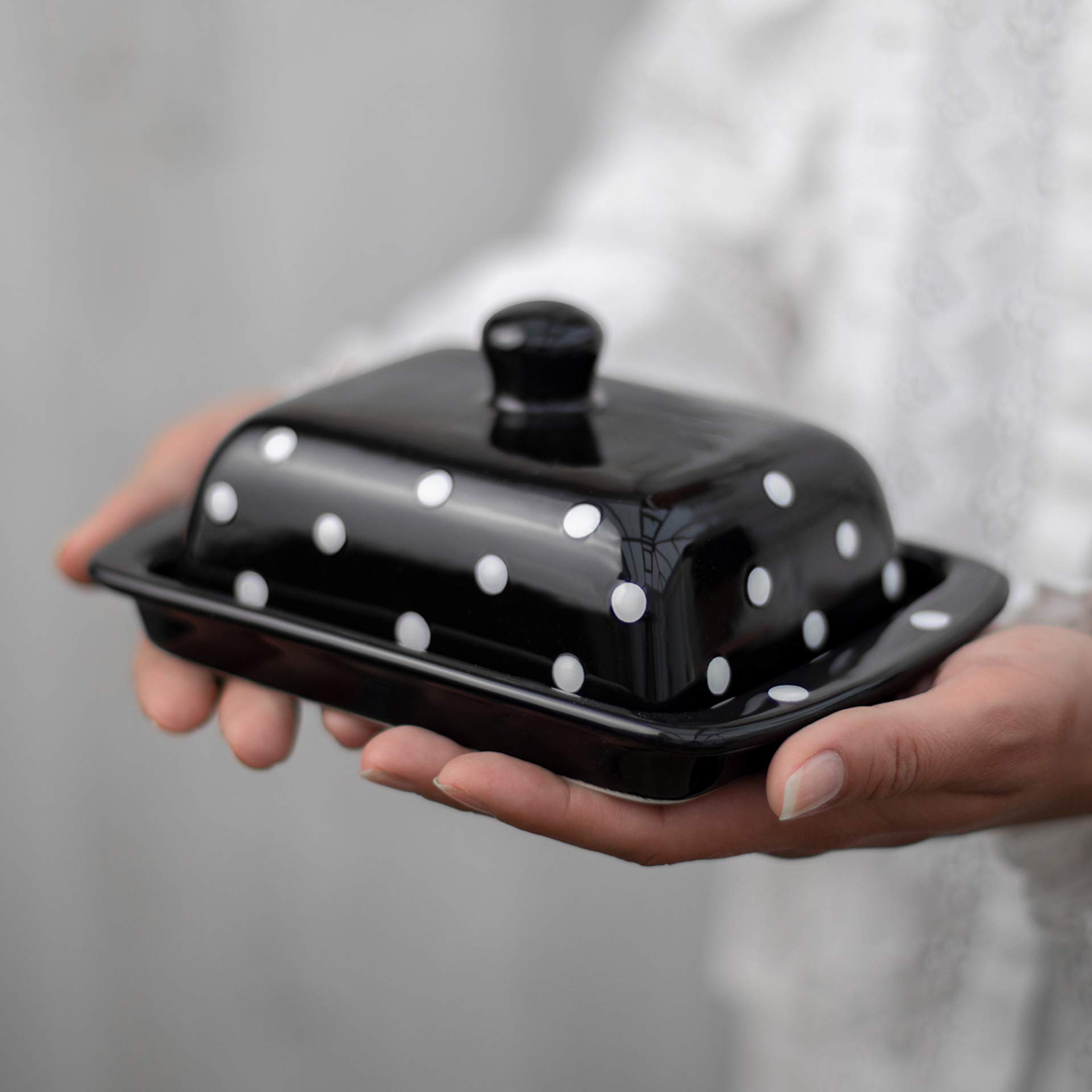 Handmade Ceramic European Covered Butter Dish With Lid | Unique Black and White Polka Dot Pottery Butter Keeper | Housewarming Gift by City to Cottage