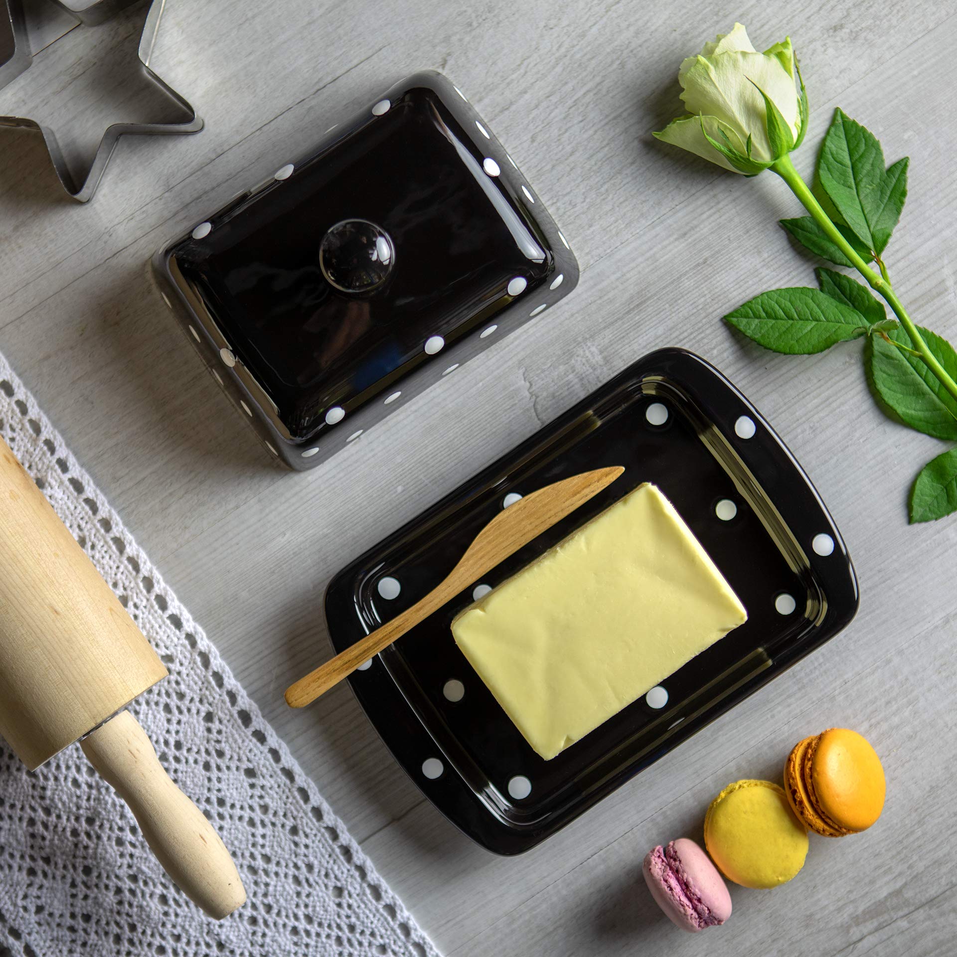 Handmade Ceramic European Covered Butter Dish With Lid | Unique Black and White Polka Dot Pottery Butter Keeper | Housewarming Gift by City to Cottage