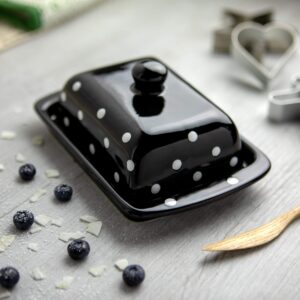 Handmade Ceramic European Covered Butter Dish With Lid | Unique Black and White Polka Dot Pottery Butter Keeper | Housewarming Gift by City to Cottage