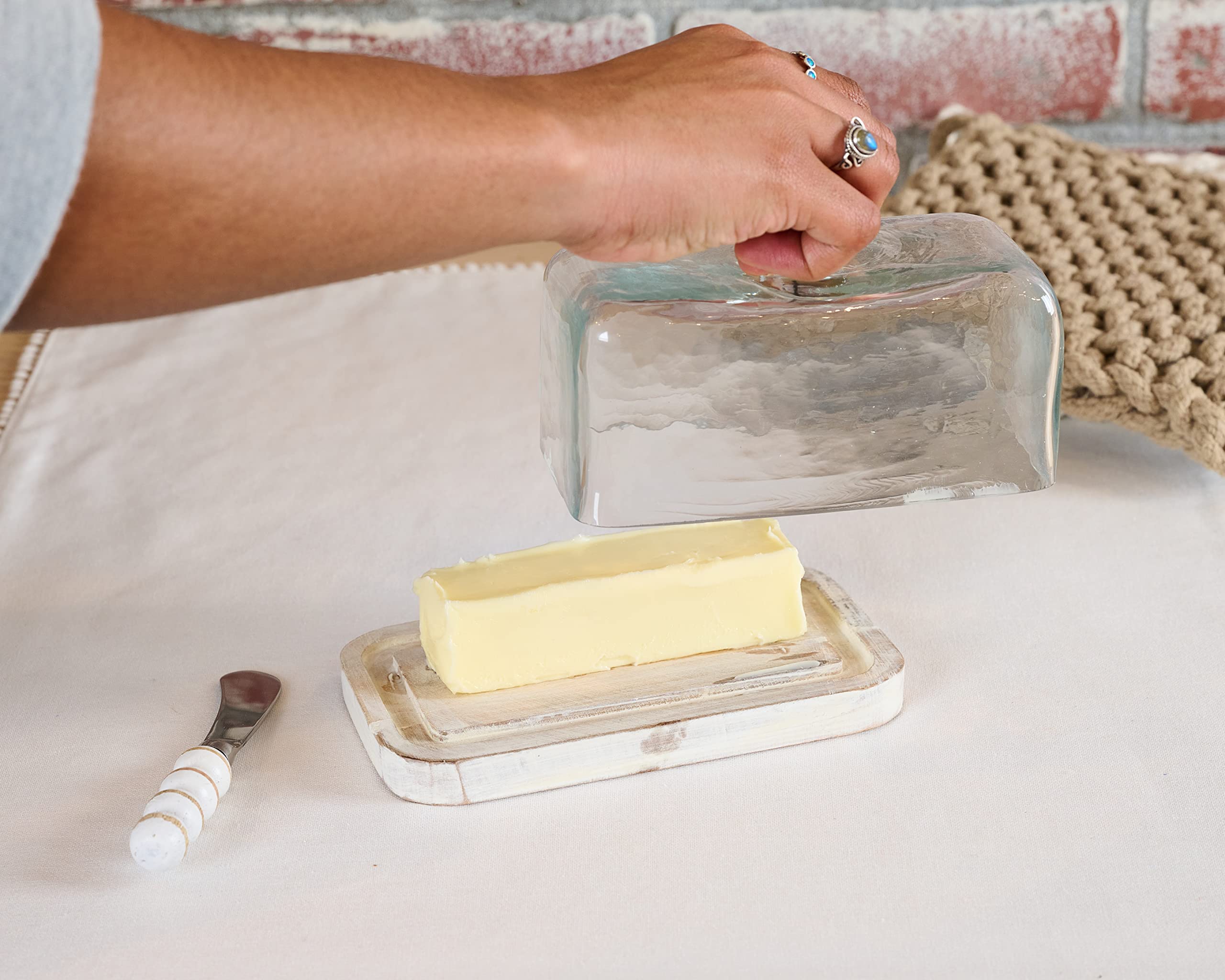 Mud Pie Glass Beaded Butter Dish, White, 3 1/2" x 6 1/2"