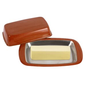 antuoo butter dish with lid for countertop, elegant stainless steel butter holder, functional butter container for counter (wood-look)