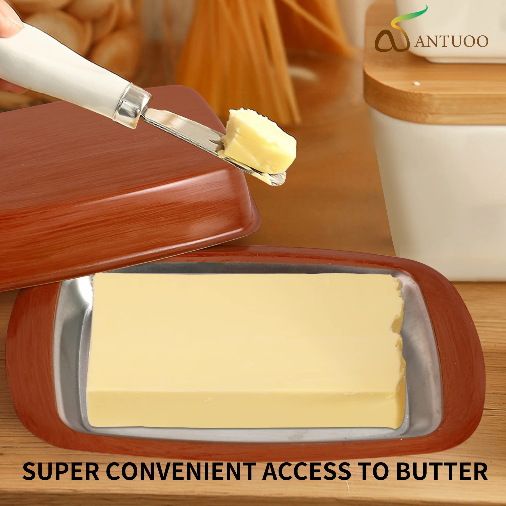 Antuoo Butter Dish with Lid for Countertop, Elegant Stainless Steel Butter Holder, Functional Butter Container for Counter (Wood-Look)