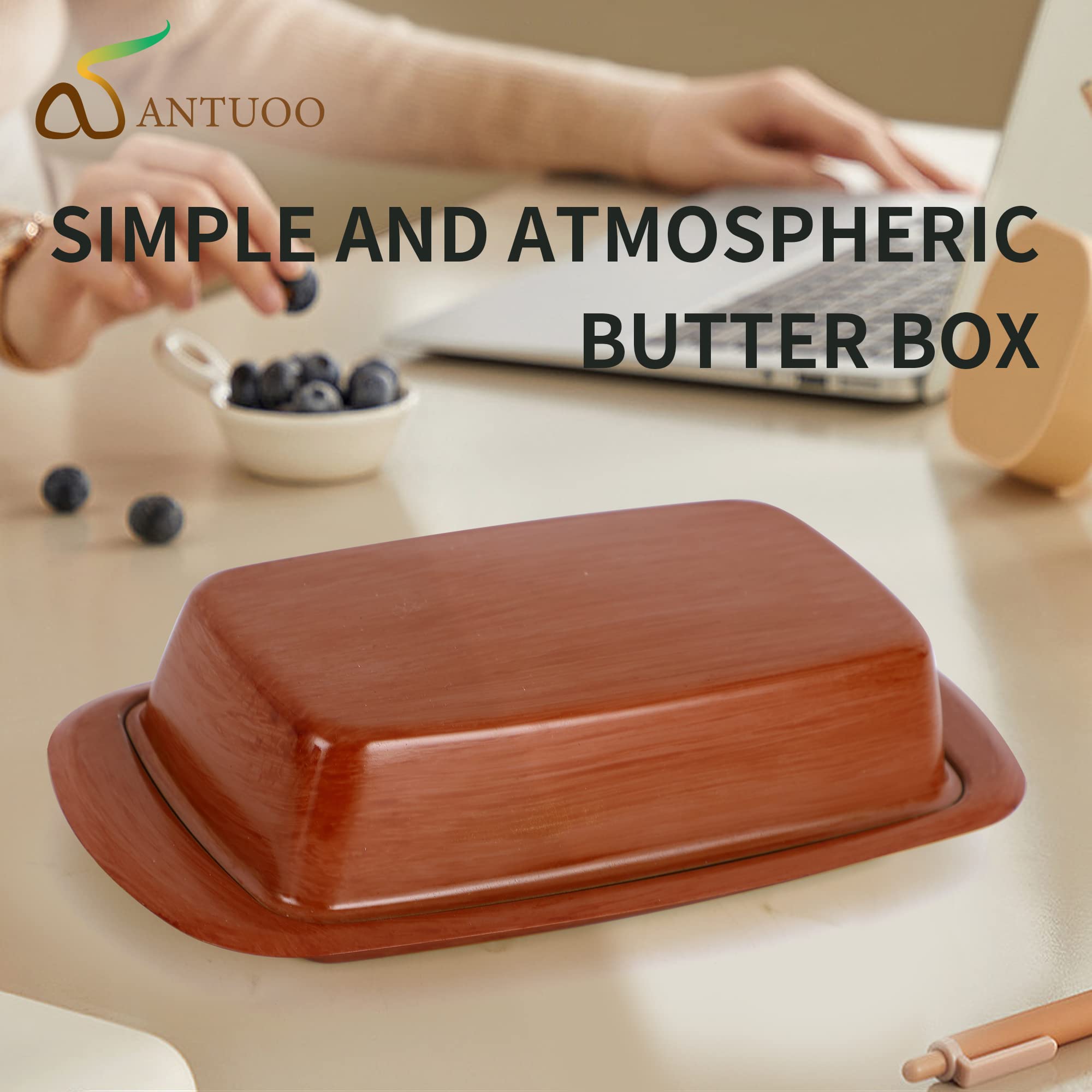 Antuoo Butter Dish with Lid for Countertop, Elegant Stainless Steel Butter Holder, Functional Butter Container for Counter (Wood-Look)