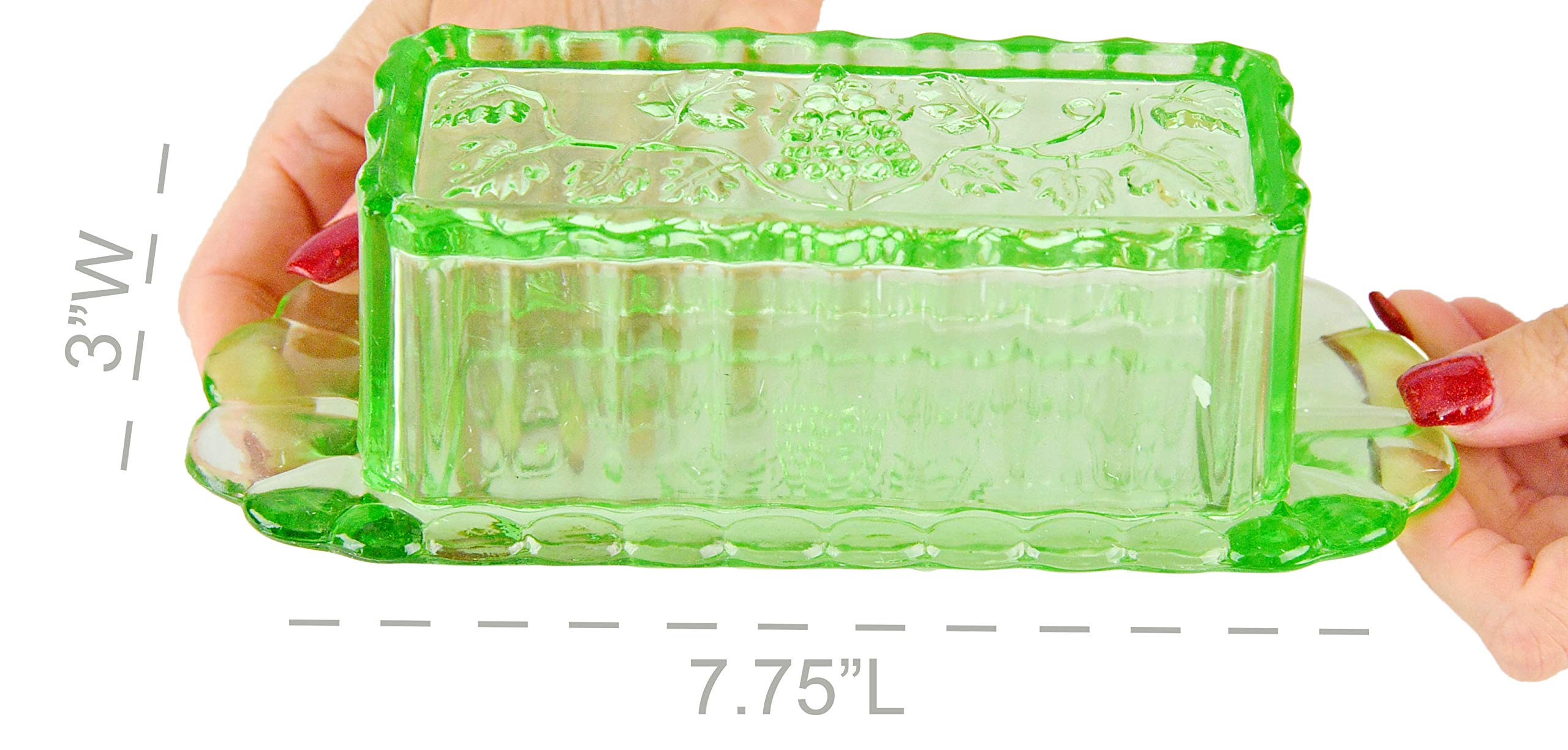 HOME-X Depression Style Glass Butter Dish with Lid and Grape Pattern, Retro Kitchen Decor, Wedding Gift