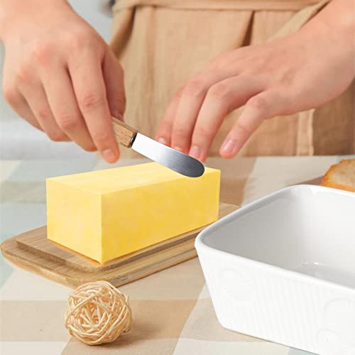 TISEMENT Versatile Butter Dish, Ceramic Embossed Butter Dish with Lid for Countertop, High-quality Butter Keeper with Bamboo Cover and Knife for Kitchen , Butter Container ,Cheese Bowl,Butter Box