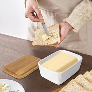 TISEMENT Versatile Butter Dish, Ceramic Embossed Butter Dish with Lid for Countertop, High-quality Butter Keeper with Bamboo Cover and Knife for Kitchen , Butter Container ,Cheese Bowl,Butter Box