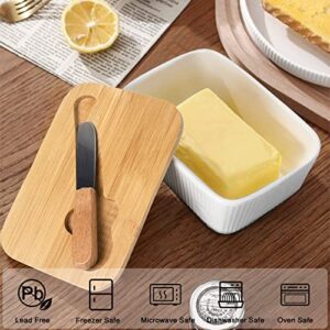 TISEMENT Versatile Butter Dish, Ceramic Embossed Butter Dish with Lid for Countertop, High-quality Butter Keeper with Bamboo Cover and Knife for Kitchen , Butter Container ,Cheese Bowl,Butter Box