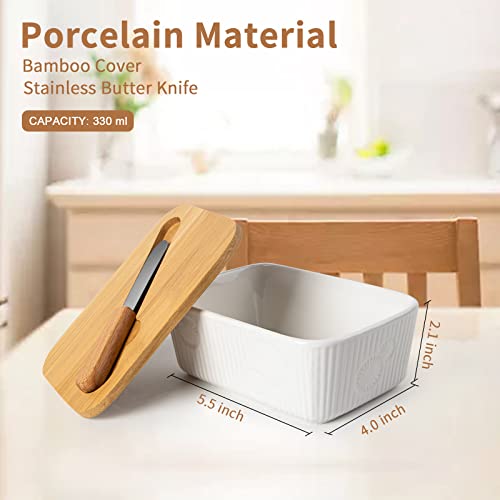 TISEMENT Versatile Butter Dish, Ceramic Embossed Butter Dish with Lid for Countertop, High-quality Butter Keeper with Bamboo Cover and Knife for Kitchen , Butter Container ,Cheese Bowl,Butter Box