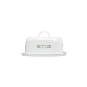 creative co-op white enameled steel butter dish with black rim food storage